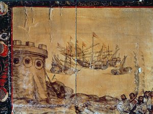 コルテス、1518年にメキシコに向けて帆走 作： Spanish School